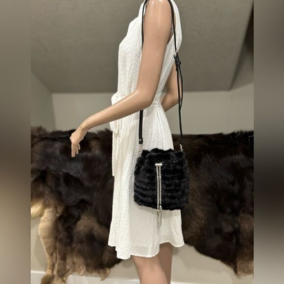Black Multi Use Handmade Genuine Mink Fur & Drawstring Bucket Bag with 3 Straps - Picture 11 of 16